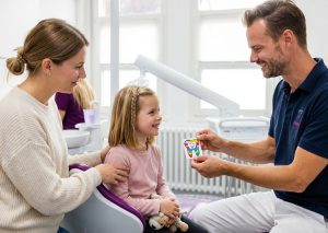 Dr. Machon erklärt einem Kind und seiner Mutter spielerisch die Zahngesundheit anhand eines Zahnmodells
