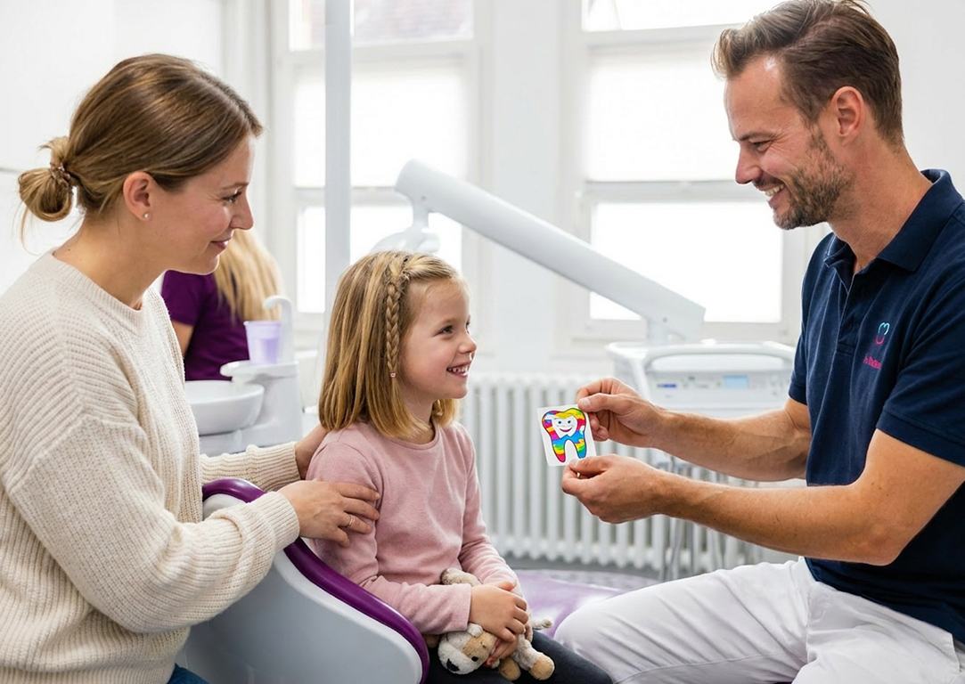 Dr. Machon erklärt einem Kind und seiner Mutter spielerisch die Zahngesundheit anhand eines Zahnmodells