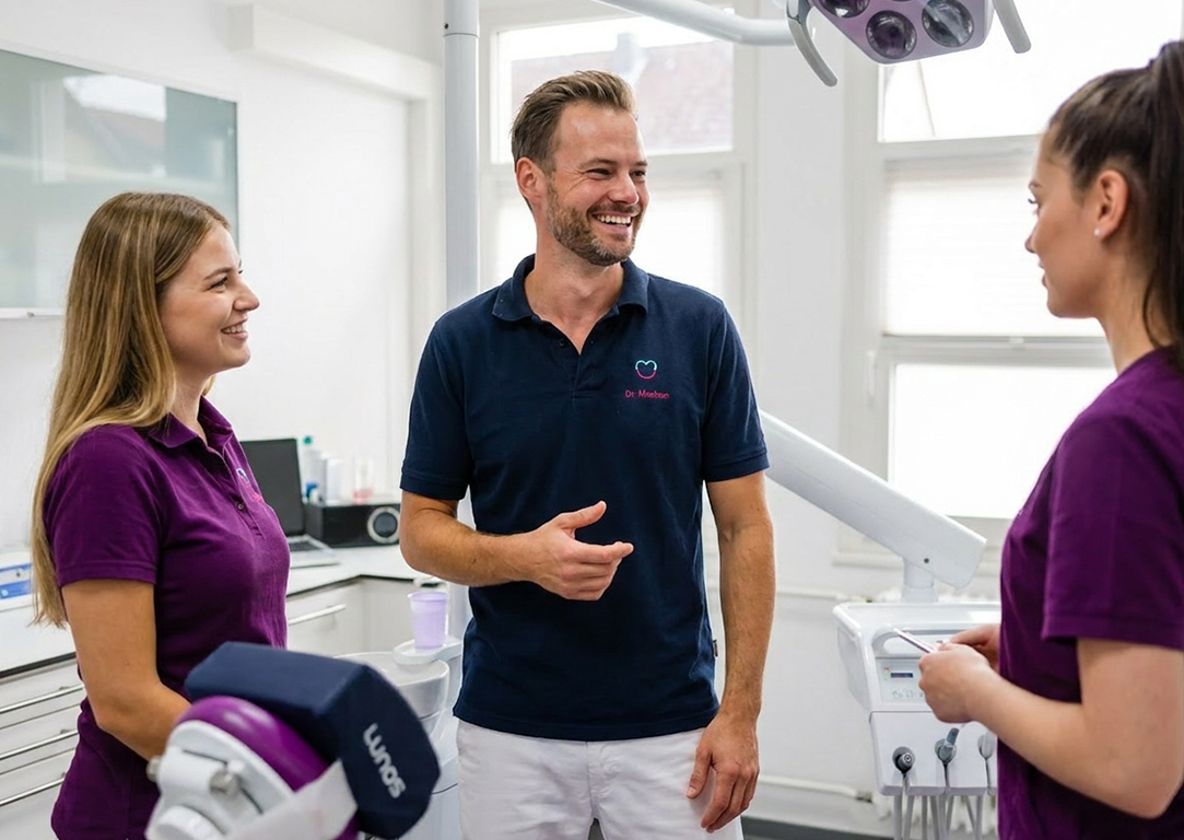 Dr. Machon im Teamgespräch mit Kolleginnen in der Zahnarztpraxis
