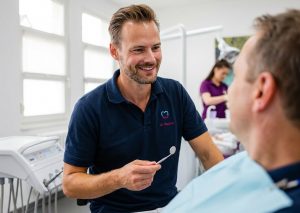 Dr. Machon im Gespräch mit einer Patientin vor einem zahnmedizinischen Eingriff