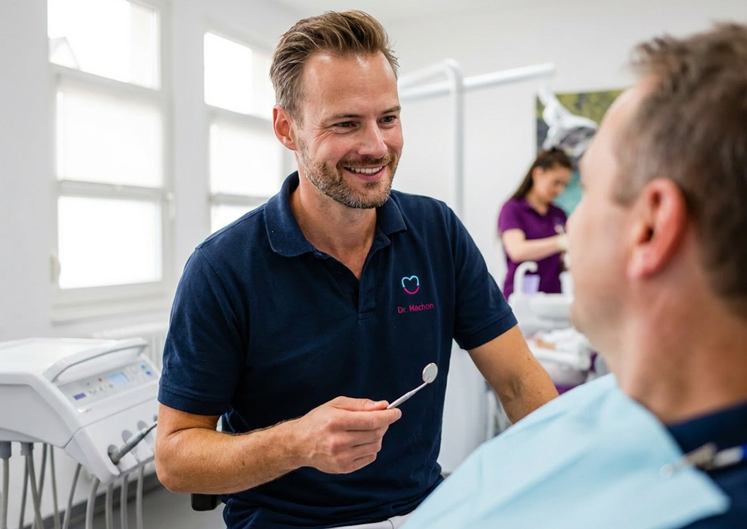 Dr. Machon im Gespräch mit einer Patientin vor einem zahnmedizinischen Eingriff