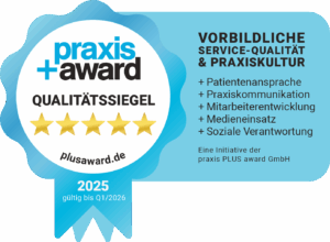 Praxis+Award Qualitätssiegel 2025 mit 5 Sternen für vorbildliche Service-Qualität und Praxiskultur